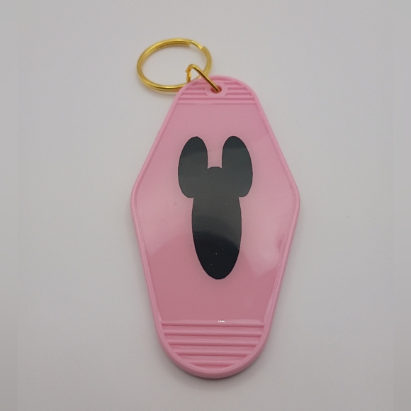 Vintage Style Pink Keychain Double Sided Black Silhouette Mouse Ears Keychain - Picture 1 of 1